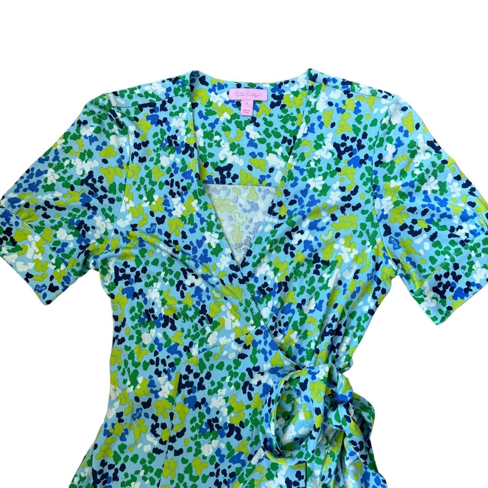 Lilly Pulitzer Silk Jersey Wrap Mini Dress Green Blue Dots - Picture 4 of 10
